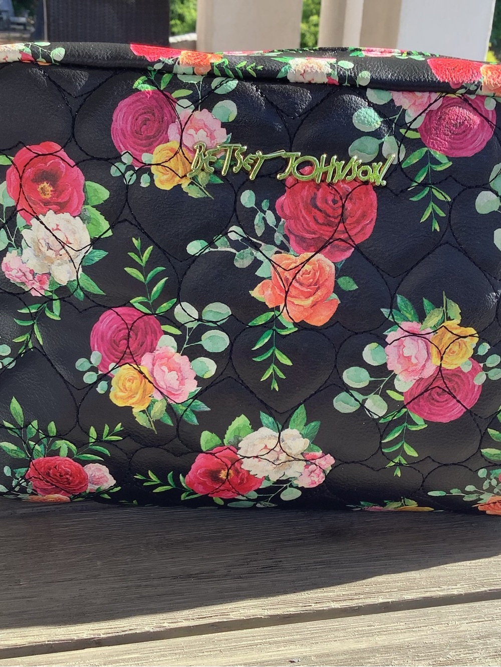 Betsey Johnson Black Floral Quilted Crossbody or Cosmetic Bag